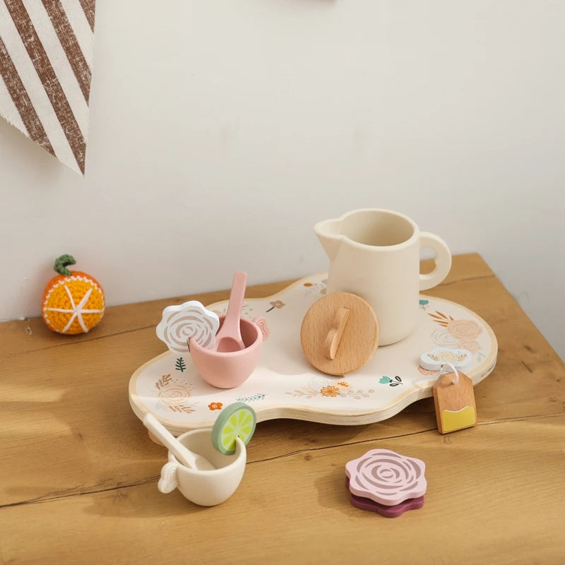 Kids Wooden Montessori Toys Afternoon Tea Set Pretend Play Kitchen Food Learning Role Play Game Baby Early Educational Toys Gift