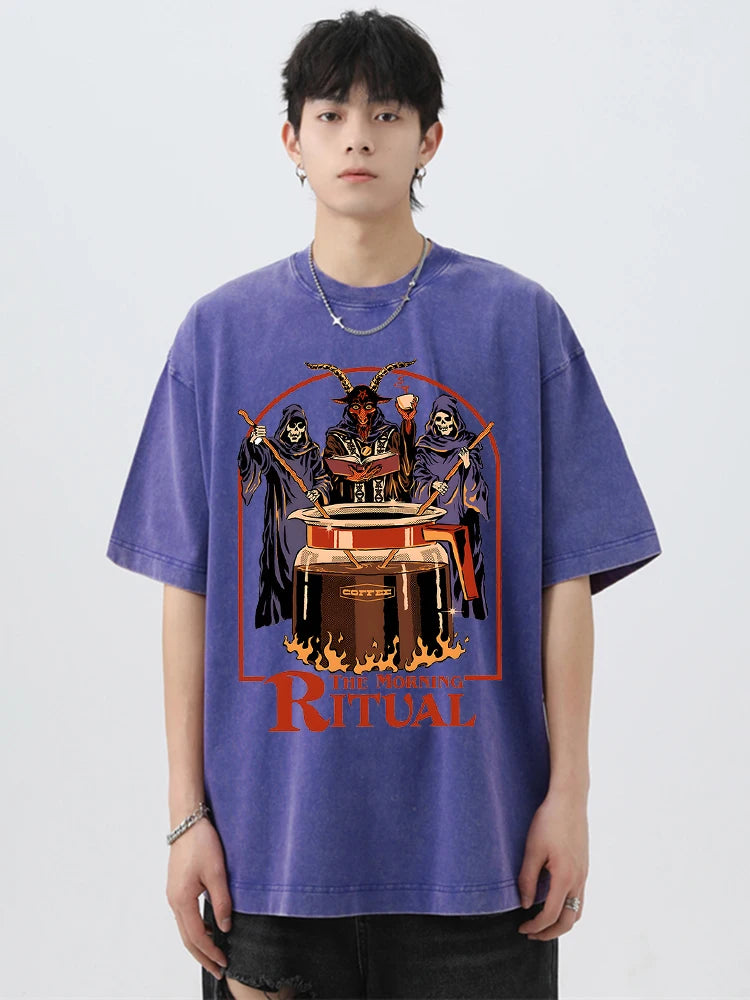 The Morning Ritual Coffee Funny Washed Retro Men T Shirts Summer Cotton T-Shirts Breathable Loose Clothes Hip Hop Street Tees