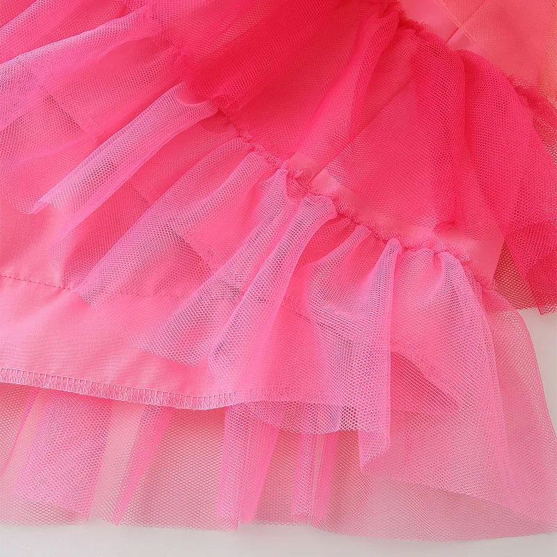 Little maven Kids Clothes Summer Children 's Clothing Baby Girls Cotton Embroidery Cartoon Flamingo Mesh Dresses Vestidos 2024