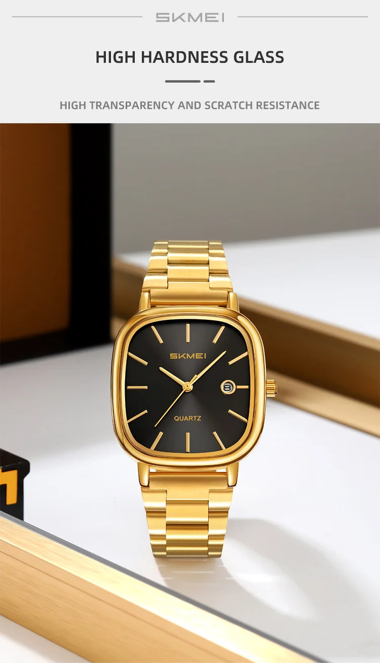 SKMEI Men's Quartz Watch Retro Square Zinc Alloy Case Gold Stainless Steel Band, 30M Water Resistance Time & Date Functions 2551