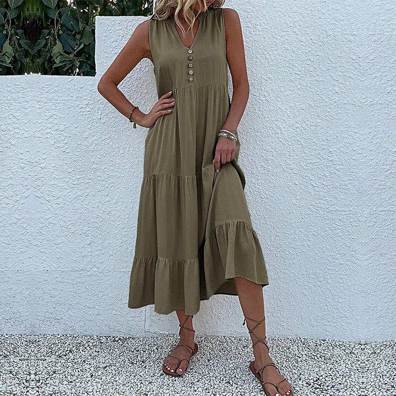 Dresses for Women 2025 Summer V-neck Single-breasted Vest Dress Sleeveless Loose Casual Solid Color Dress Vestidos De Mujer