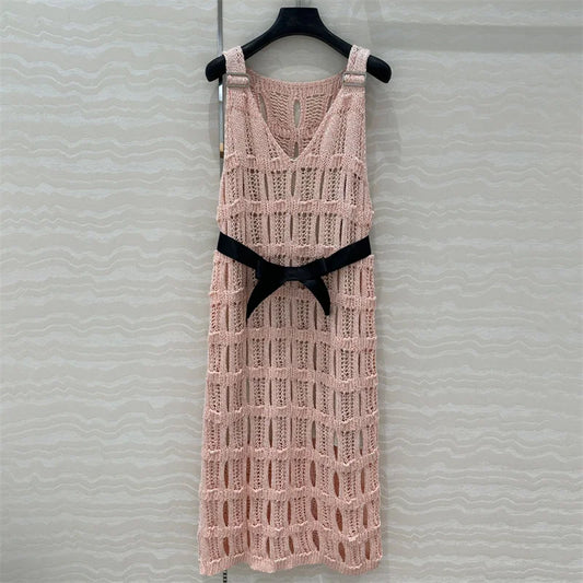 Women's dress New Sexy hollow out sleeveless long dresses for summer 2025 Bow waist belt slim midi dresses V-neck party dresses