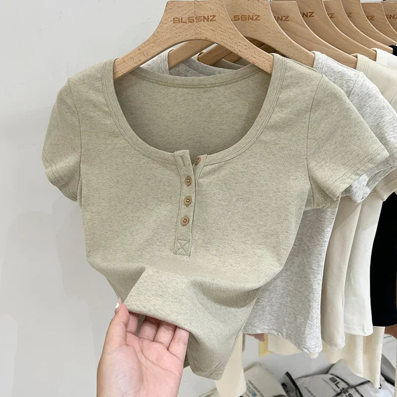 Women T Shirt Button T-Shirt Woman Clothes Tops Cotton Slim Tshirt Female Short Sleeve Top Summer Tee Sexy Canale Y2k