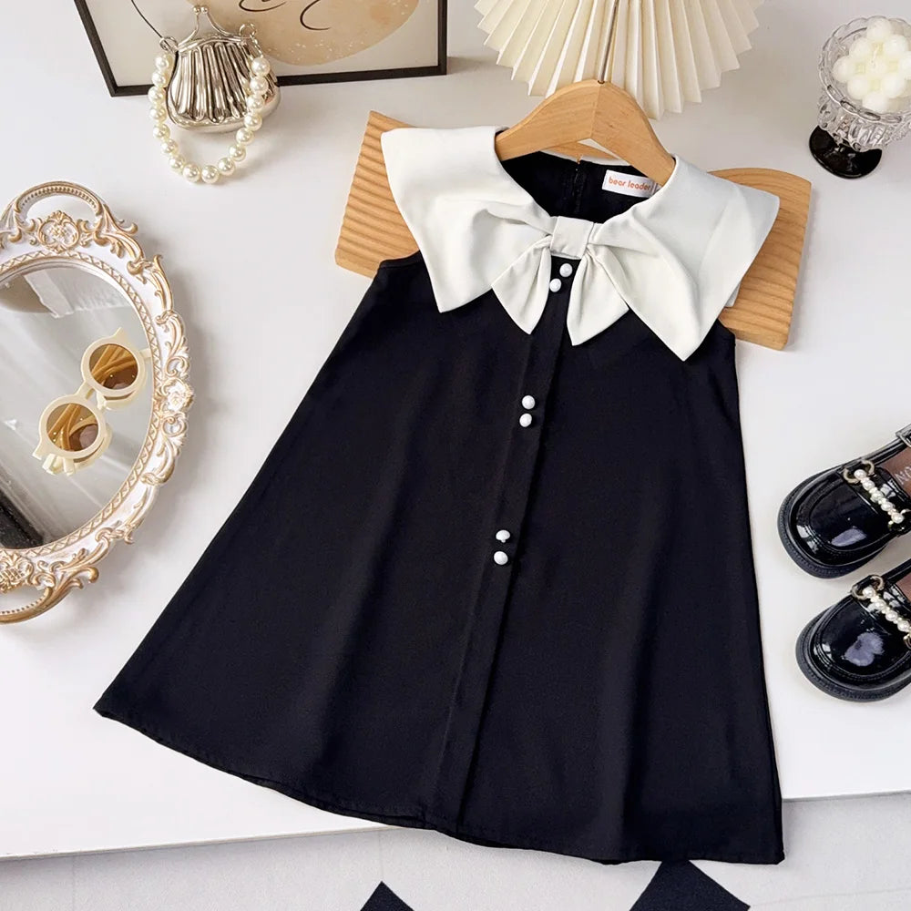 Korean Version Black Sleeveless Kids Clothes Summer New Bow Decoration Girls Dress Birthday Party Princess Dresses 2-7 Years Old
