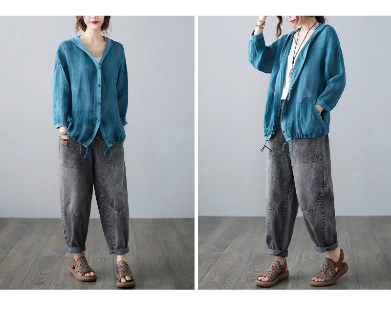 Women Summer Loose Hooded Sunscreen Casual Thin Jackets New Arrival Simple Style Solid Color Female Long Sleeve Hooded Coats