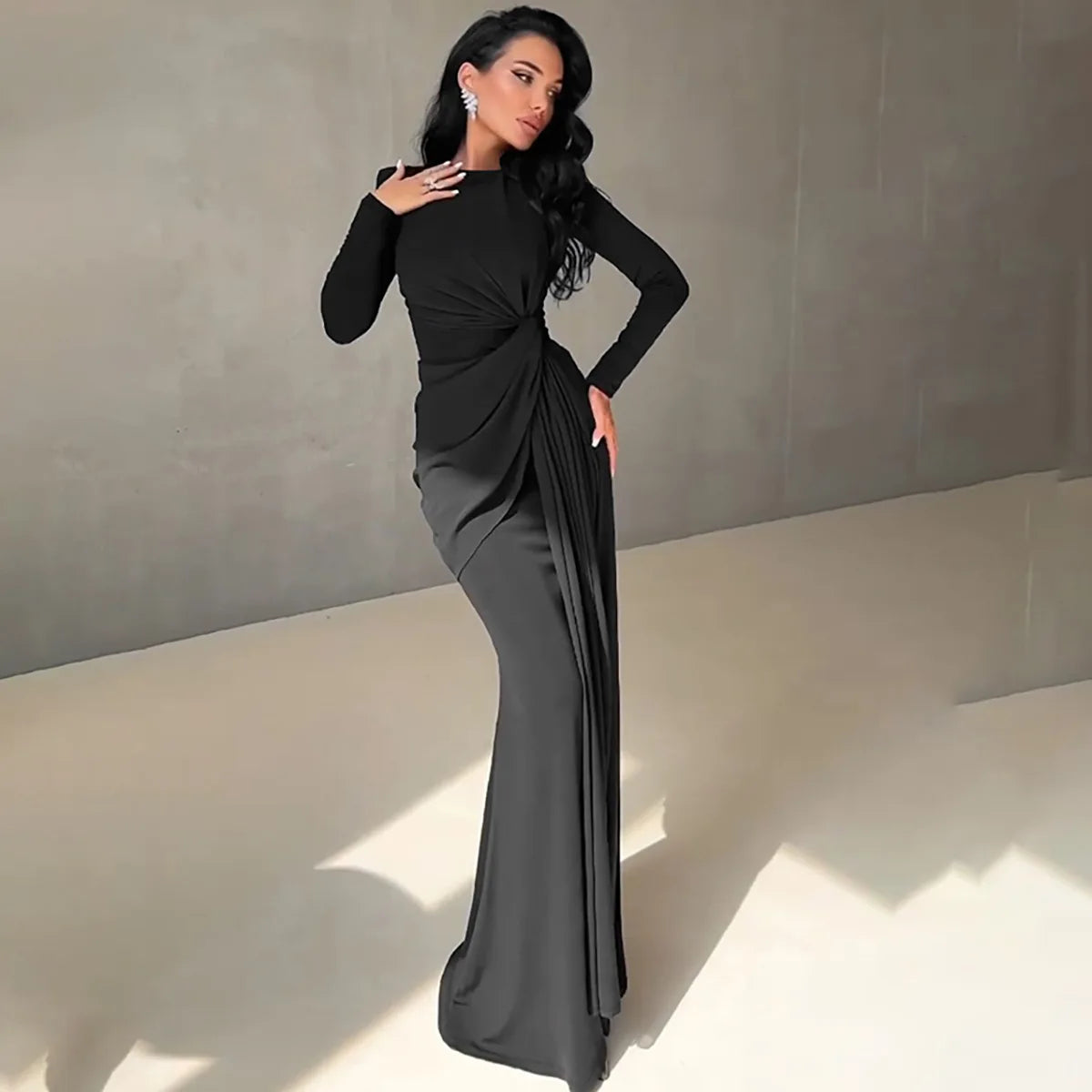 Women's Evening Dress Spring Summer New Fashion Slim Solid Color Casual Round Neck Long Sleeve Long Dress Elegant Party Dresses