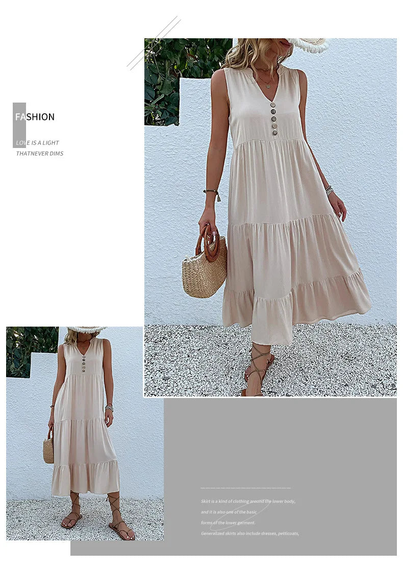 Dresses for Women 2025 Summer V-neck Single-breasted Vest Dress Sleeveless Loose Casual Solid Color Dress Vestidos De Mujer