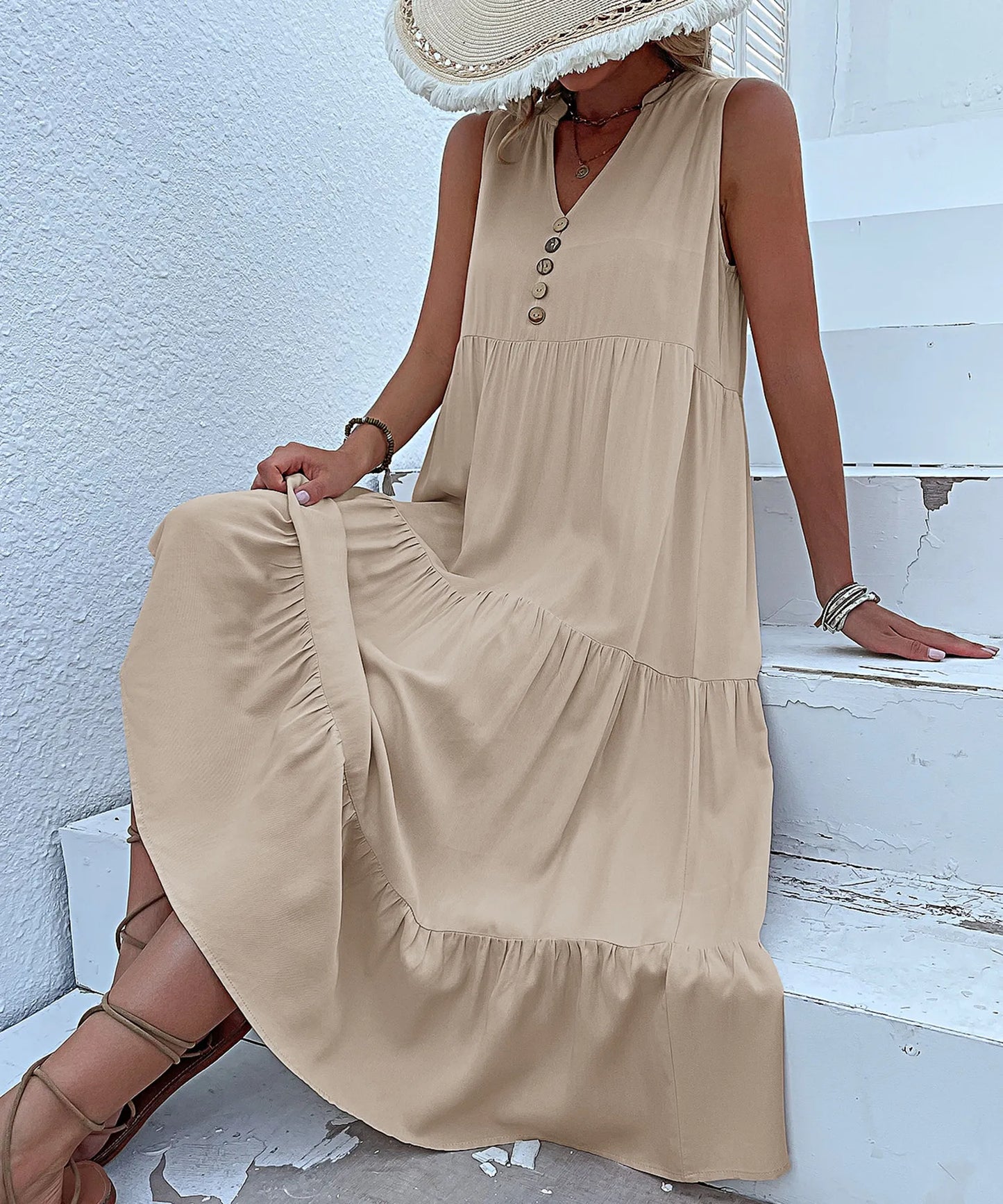 Dresses for Women 2025 Summer V-neck Single-breasted Vest Dress Sleeveless Loose Casual Solid Color Dress Vestidos De Mujer