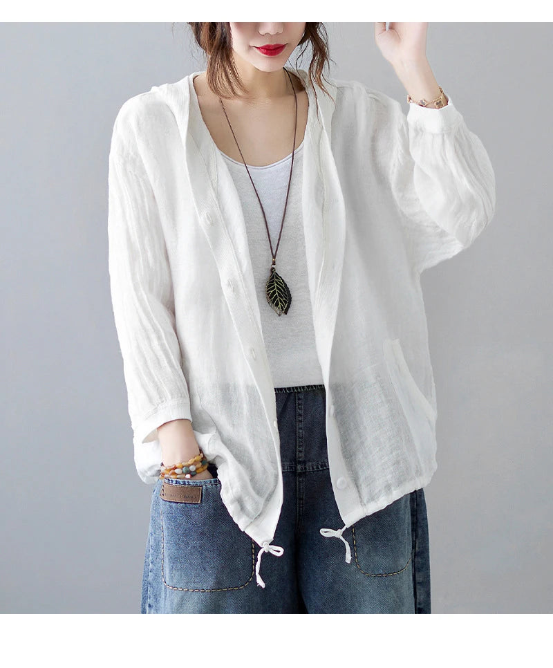 Women Summer Loose Hooded Sunscreen Casual Thin Jackets New Arrival Simple Style Solid Color Female Long Sleeve Hooded Coats