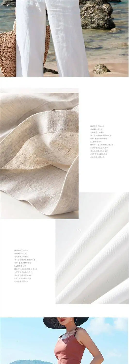 Women's Pants Summer Cotton Linen Wide Leg Pants Full Length Casual Solid White Loose High Waist Straight Trousers Women