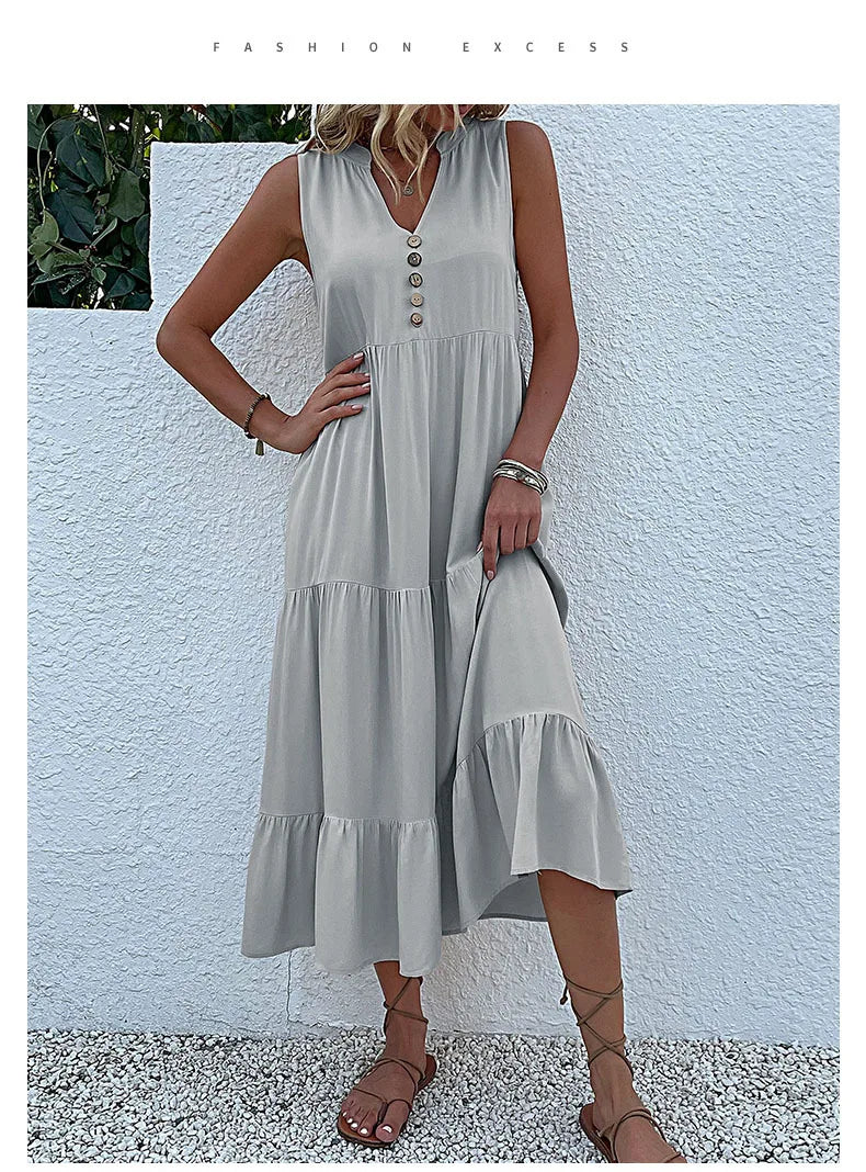 Dresses for Women 2025 Summer V-neck Single-breasted Vest Dress Sleeveless Loose Casual Solid Color Dress Vestidos De Mujer