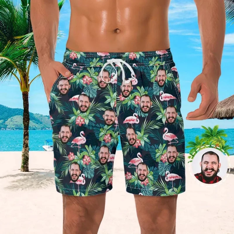 Custom Face Men Shorts Flowers Foliage Hawaii Beach Shorts 3D Printed Unisex Gym Sport Board Short Pants Ice Swim Trunks Ropa