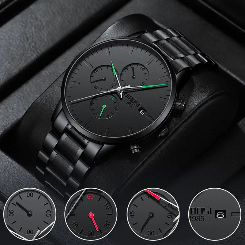 NIBOSI Men's Watches Analog Minimalist Black Dial Watch for Men Business Chronograph Military Casual Wristwatch Stainless Clock