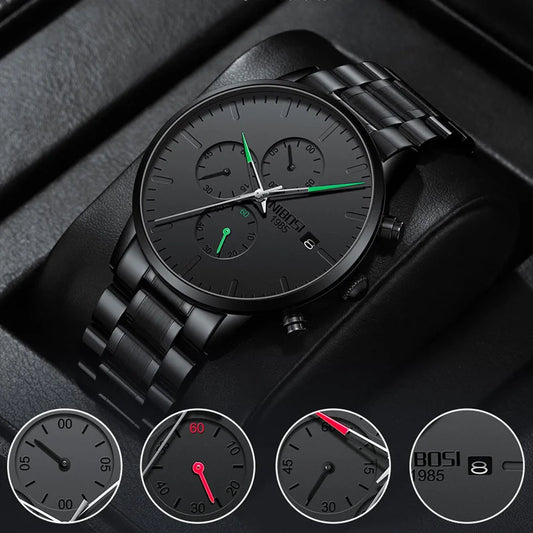 NIBOSI Men's Watches Analog Minimalist Black Dial Watch for Men Business Chronograph Military Casual Wristwatch Stainless Clock
