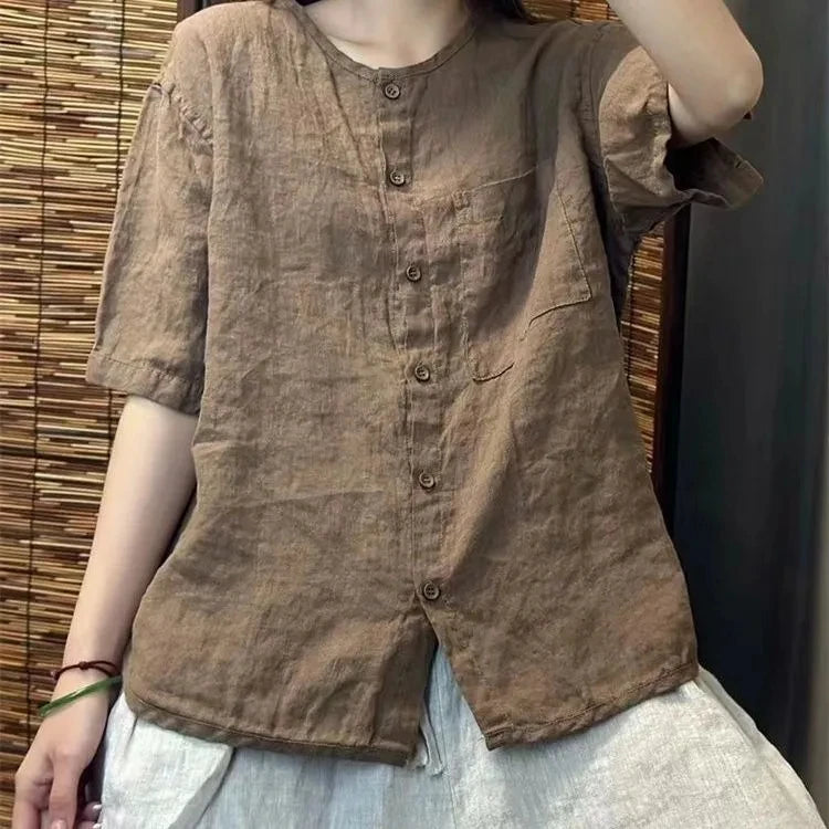 Chiffon Cotton Linen round Neck T-shirt Women Summer New Vintage Art Loose Shirt  Open Cardigan Top 2025 Short Shirt For Women