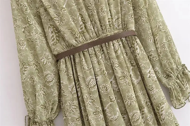 Dresses Women's 2025 New Spring Chiffon Print V-neck Chic Slim Long Dress Fashion Elegant Holiday Street Women's Dress