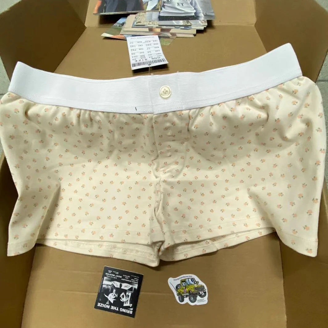 Purple Floral Print Home Shorts Summer Patchwork Elastic Waist Straight Short Pant Casual Cute Cotton Pants Woman Clothing