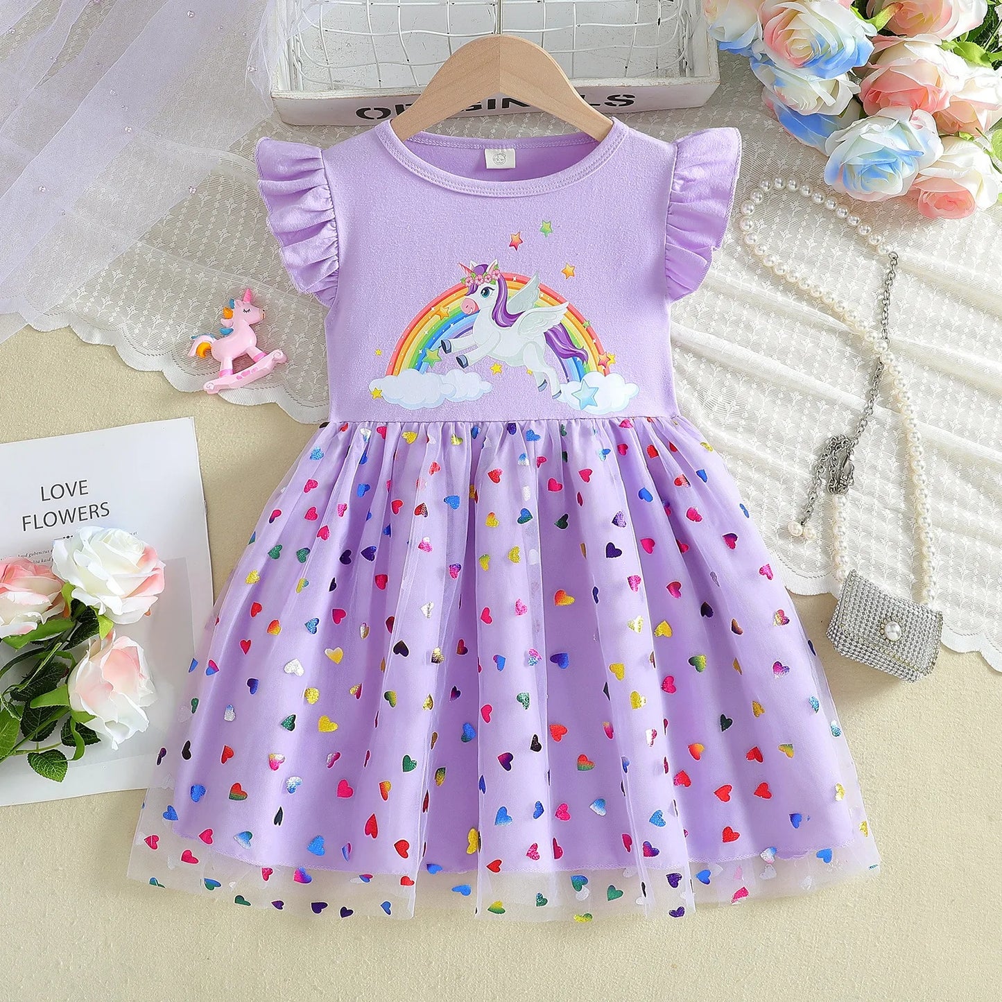 2025 New Unicorn Girls Dress Flying sleeves Kids Clothes Summer Princess Dresses Party Dresses for Children Clothing Rainbow