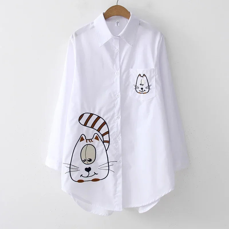 White Women Shirt Long Sleeve Cotton Blouse Office Lady Elegant Embroidery Casual Tops Turn Down Collar Clothing