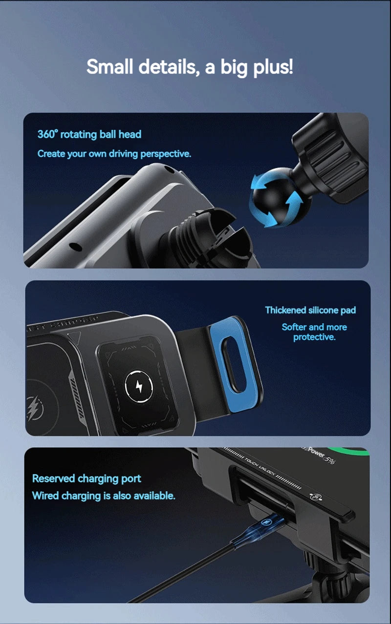 15W Universal Car Phone Wireless Charger Holder 360° Rotation Mount for Samsung Galaxy Fold 6 5 4 3 Z Flip S25 S24 Iphone 16 15