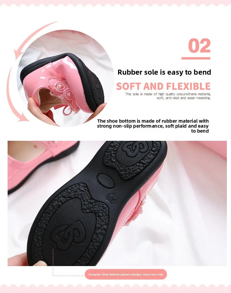 Kids Black Performance Shoes Soft Sole for Students Flat Shoes Casual Versatile 2025 New Kids Princess Shoes with Sweet Pendant