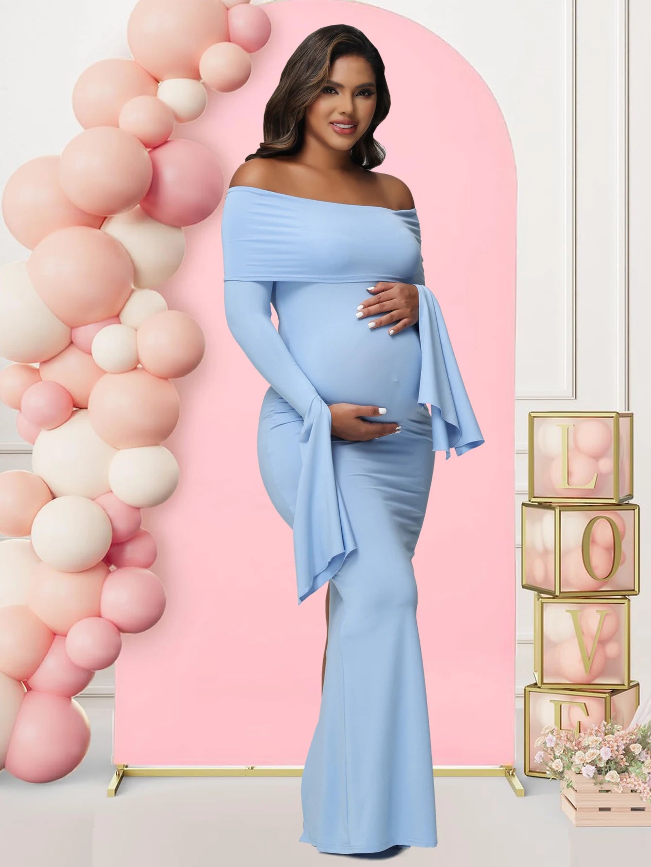 Women Maternity Dresses For Photoshoot Sexy Off Shoulder Long Sleeve Bodycon Pregnancy Baby Shower Maxi Gown