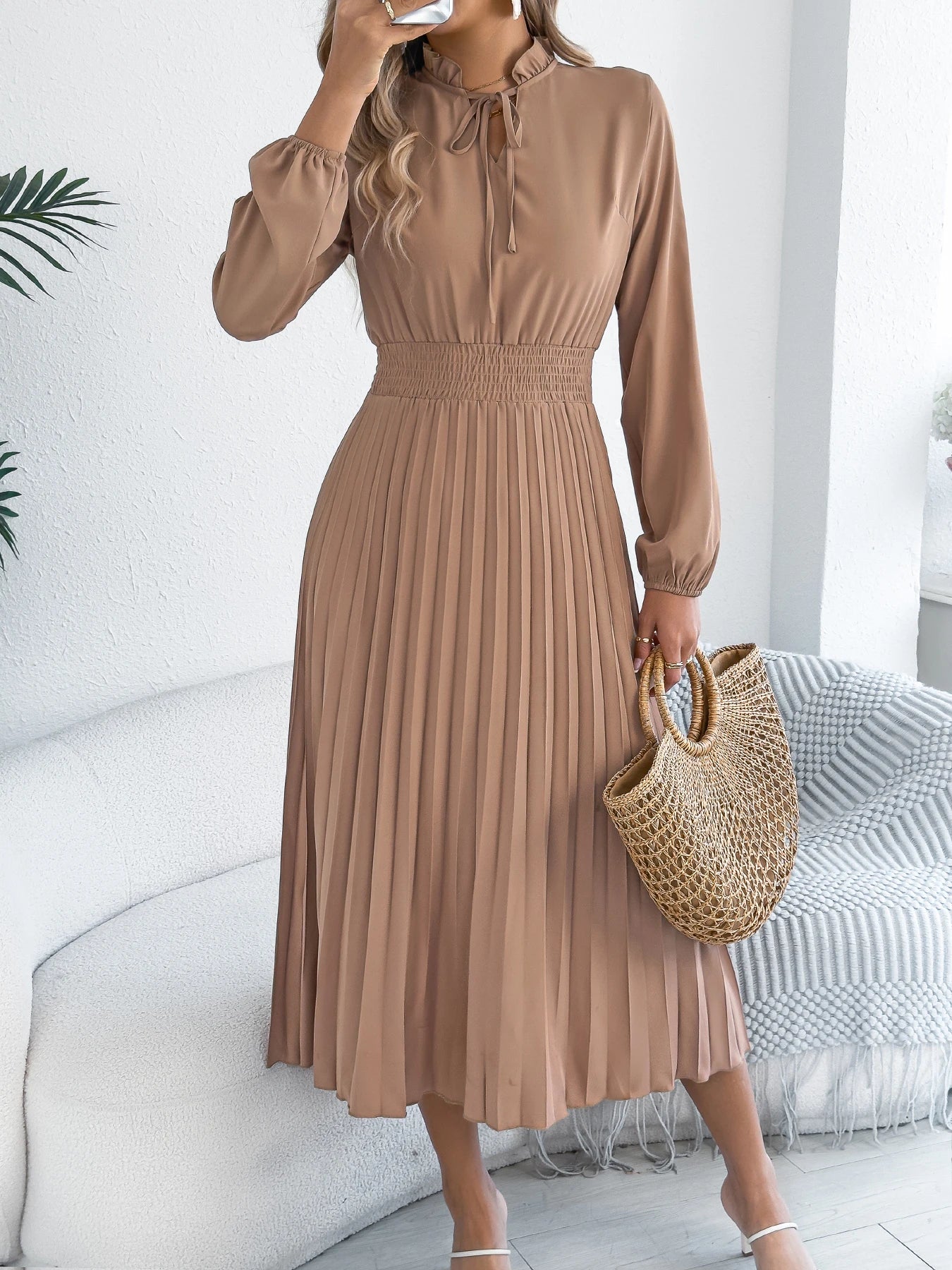 Elegant Dresses for Women 2025 Autumn Winter Casual Solid Color V Neck Lace Up Pleated Maxi Dress Red Khaki Green Woman Dresses