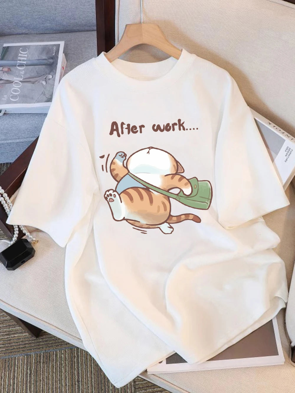 Women T-Shirt Cotton Summer The Cat That Always Wants To Sleep Pattern Prints T Shirt O-Neck Soft Loose Tops Basic Woman Clothes