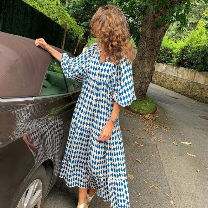 Summer Women Dresses Floral Print Ruffles Boho V-neck Puff Sleeve Casual Loose Beach Dress Half Sleeve Holiday Maxi Long Dress