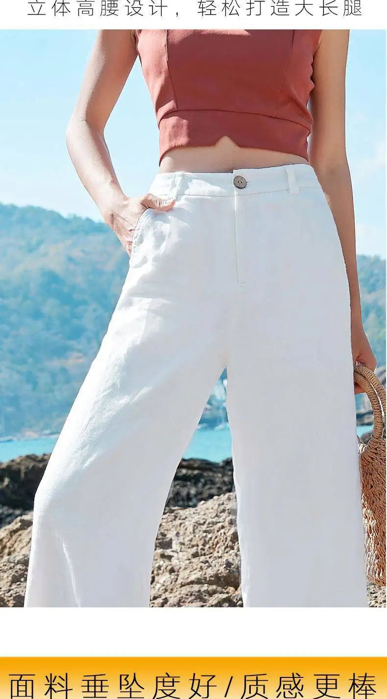 Women's Pants Summer Cotton Linen Wide Leg Pants Full Length Casual Solid White Loose High Waist Straight Trousers Women