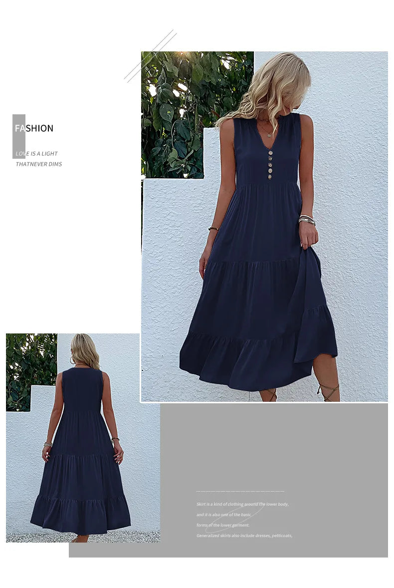 Dresses for Women 2025 Summer V-neck Single-breasted Vest Dress Sleeveless Loose Casual Solid Color Dress Vestidos De Mujer