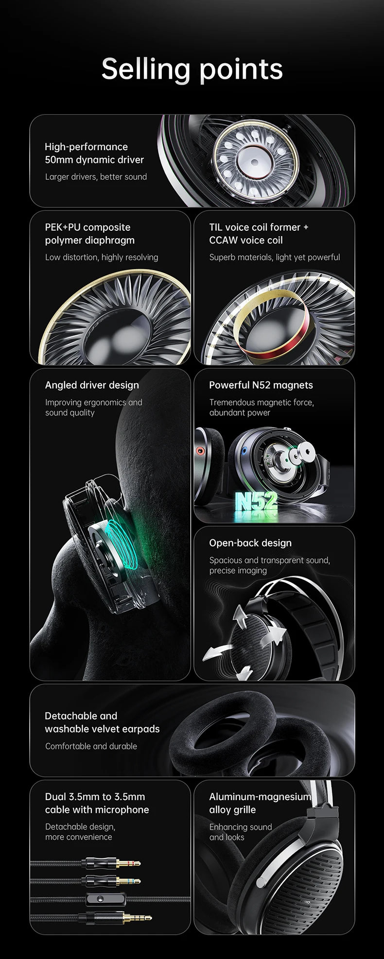 FiiO JT3 Over-Ear Open-Back Headphones, 50mm Dynamic Driver, PEK+PU Composite Diaphragm, Detachable 3.5mm Cable with Mic