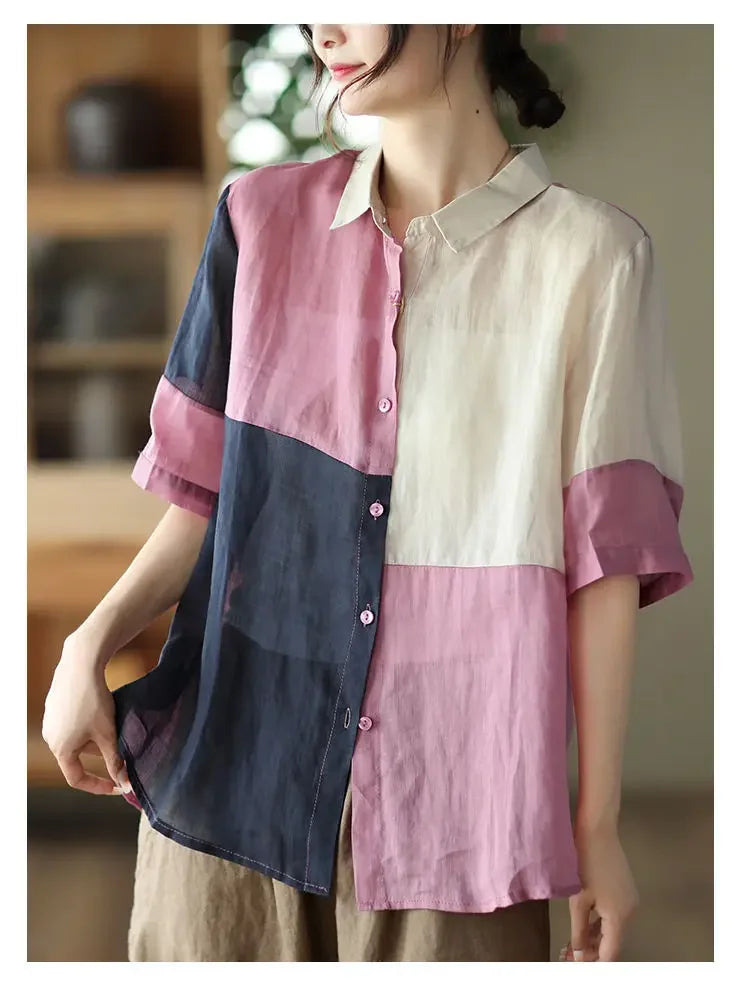 Cotton and Linen Shirt for Women Fashionable and Versatile Cardigan Lapel Top Thin
