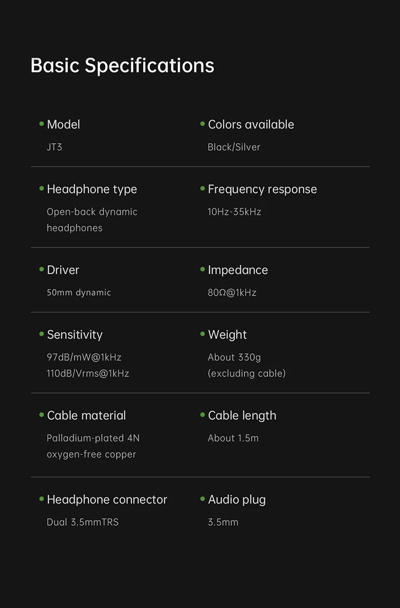 FiiO JT3 Over-Ear Open-Back Headphones, 50mm Dynamic Driver, PEK+PU Composite Diaphragm, Detachable 3.5mm Cable with Mic