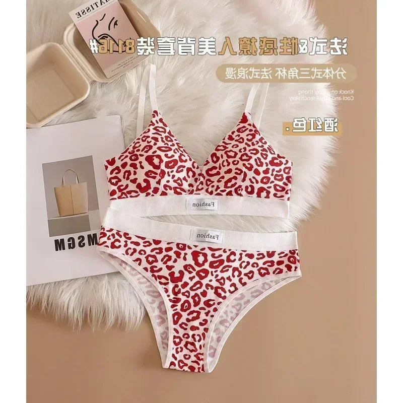 Women Seamless Bra Set Low Waist Panties Leopard Bralette Sexy Lingerie Set Vneck Sport Brassiere Female Cotton Underwear Set