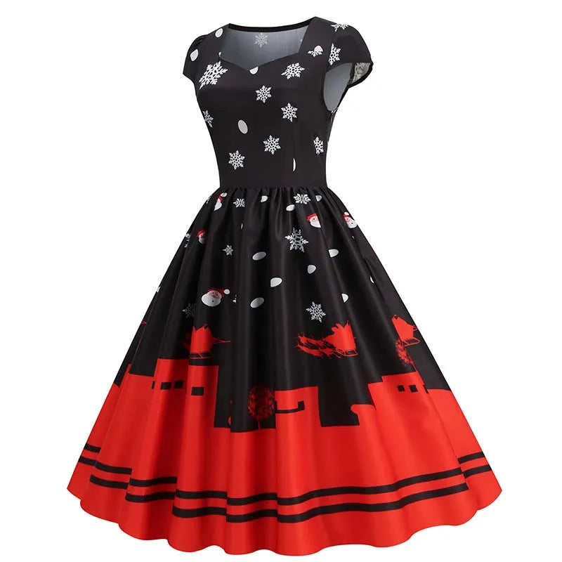 Christmas Dresses for Women Winter Pinup Rockabilly Sexy Cosplay Party Dress Santa Claus Snow Print Cocktail Prom Dress