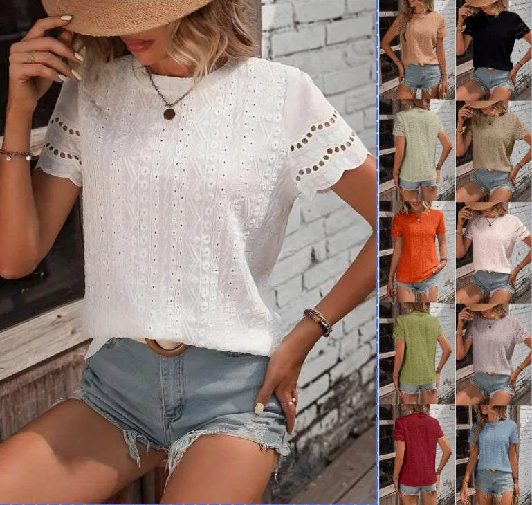 Women's T-shirt COTTON Tops 2024 Summer Street Hollowed Out Simple Solid Color V Casual Shirt Y2k T Shirt White Blusa Mujer Moda