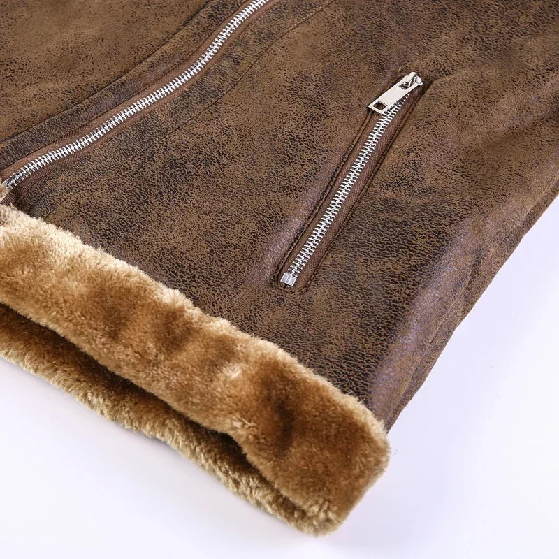 2022 Winter Jacket Mens Suede Leather Jacket Lapel Collar Vintage Style Warm Thick Fur Slim Fit Men Jackets M-4XL