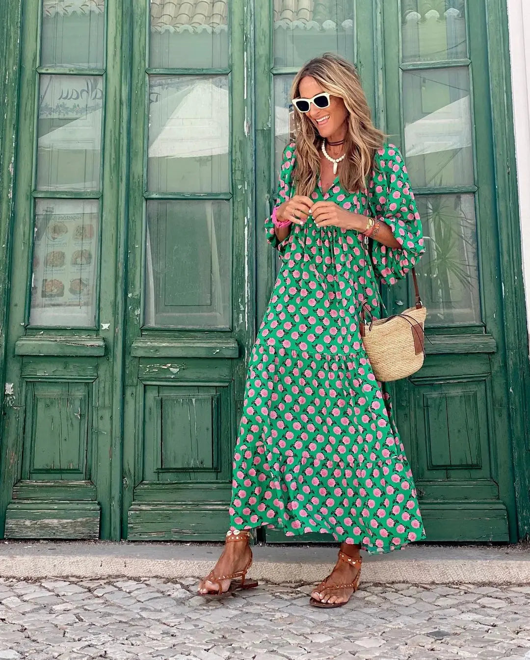 Summer Women Dresses Floral Print Ruffles Boho V-neck Puff Sleeve Casual Loose Beach Dress Half Sleeve Holiday Maxi Long Dress