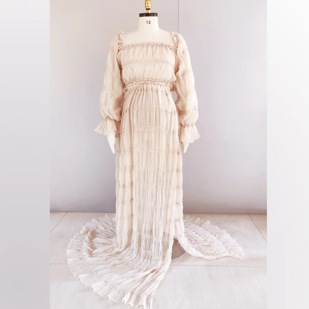Maternity Dresses For Photo Shoot Women Off Shoulder Short Top Pleated Chiffon Long Sleeved Bohemian Dress Boho Style Dress