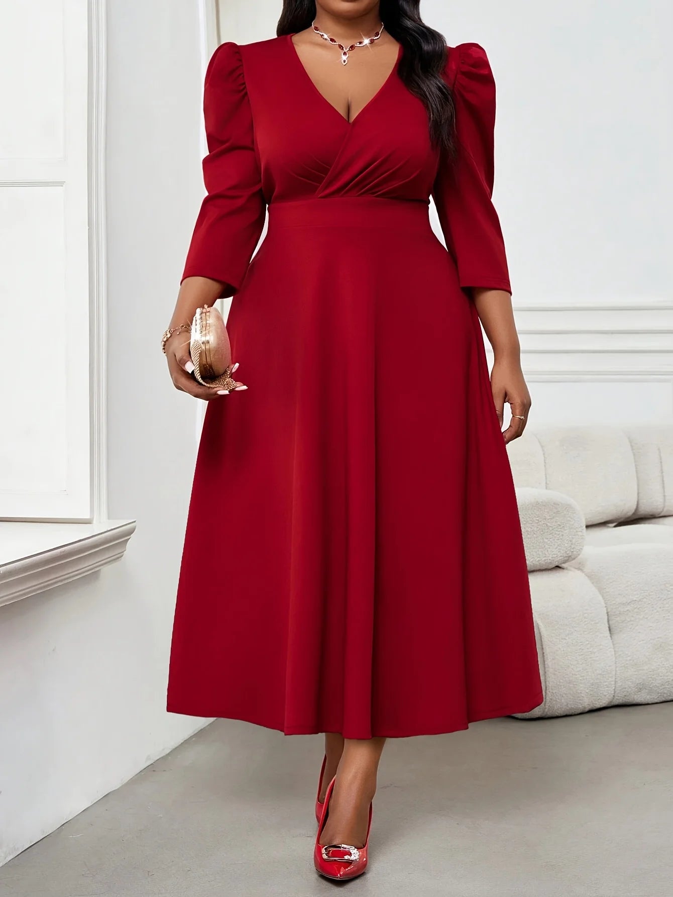 Elegant red dress for large-sized women, high-end women's wear, spring and autumn three-quarter sleeves, elegant women's wear gr