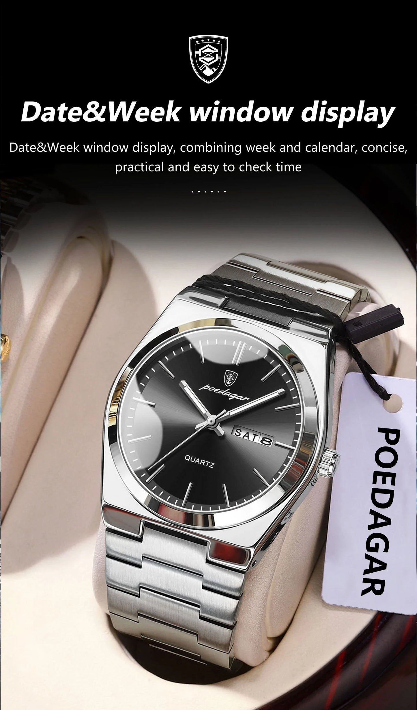 POEDAGAR Luxury Men Watch Stainless Steel Waterproof Luminous Man Wristwatch Date Week Fashion Casual Men's Watches Quartz Reloj