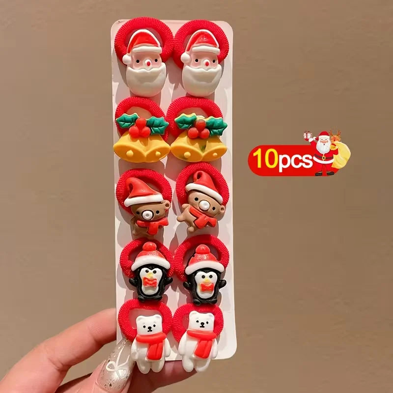 10Pcs/Set Kids Girls Christmas Hair Ties Cute Santa Claus & Reindeer Design Festive Hair Accessories Holiday Parties Decorations