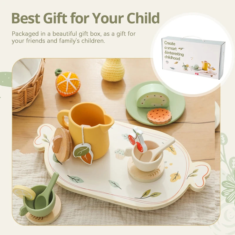 Kids Wooden Montessori Toys Afternoon Tea Set Pretend Play Kitchen Food Learning Role Play Game Baby Early Educational Toys Gift