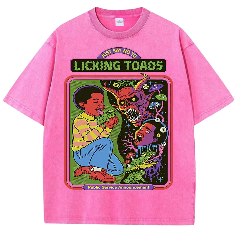 Licking Toads Printing Washed Men T Shirts Casual Stree Hip Hop Tees Breathable Soft Cotton Sport Loose Short Sleeve Unisex