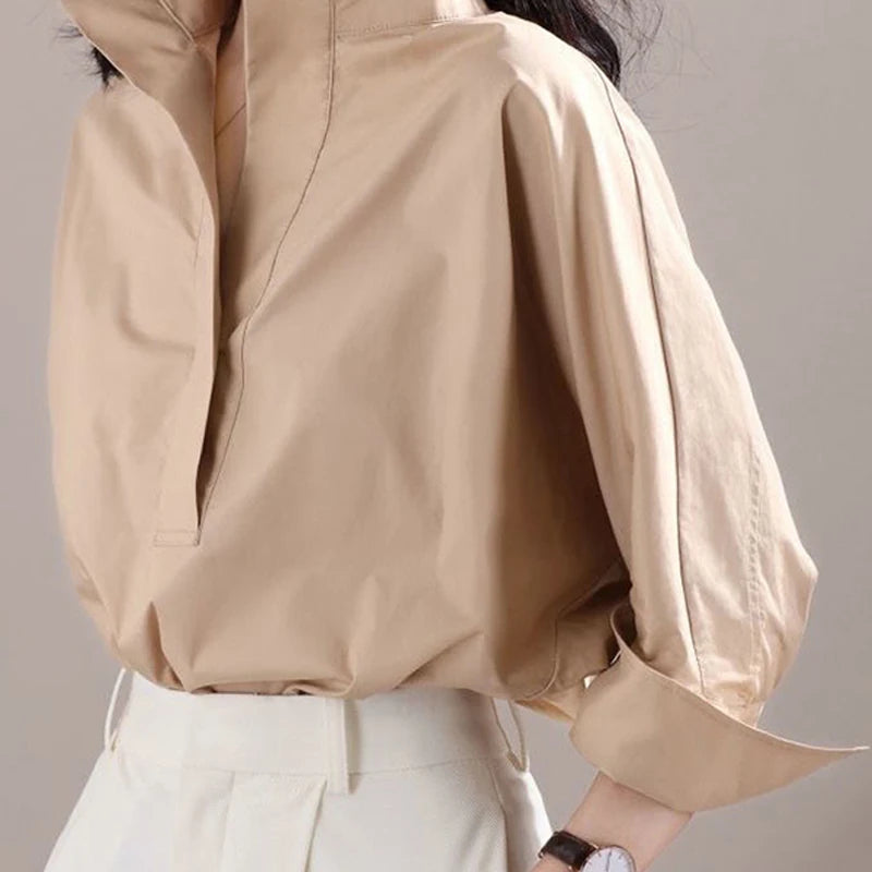 Women's Cotton Shirt Tops 2025 Autumn New Solid White Lapel Collar Long Sleeves Buttoned T-shirt Female Commuter Blouse