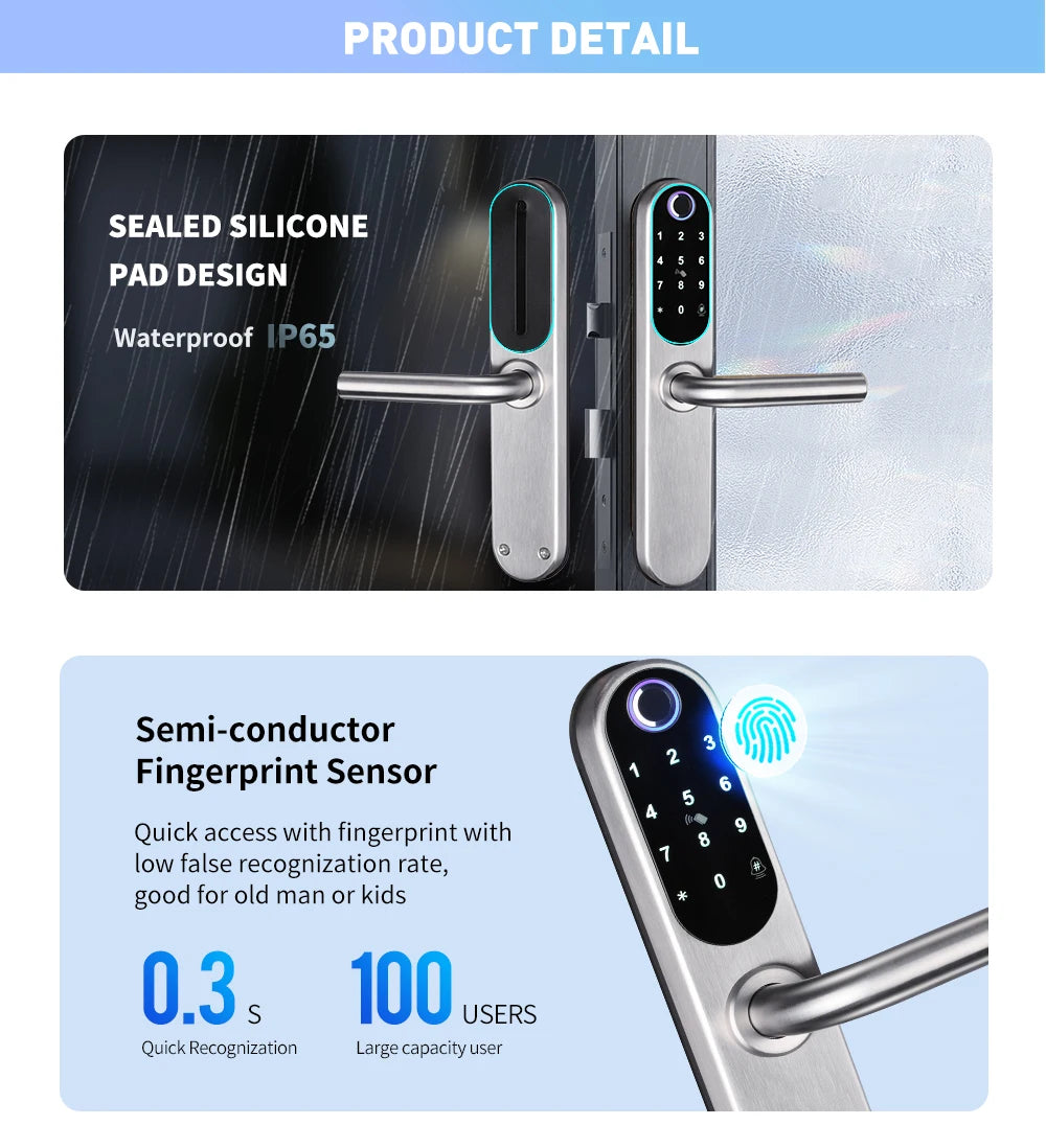 304 Stainless Steel Digital Smart Lock Aluminum Sliding Door Keyless Home Security TUYA TTlock Waterprooof Door Lock