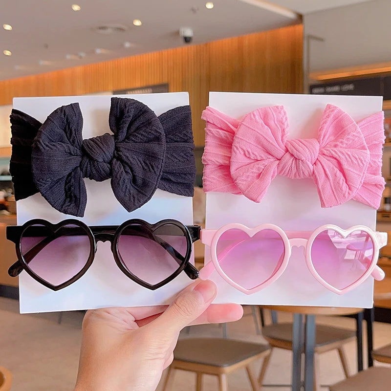 2 Pcs/Set New Children Cute Solid Bowknot Wide Hairbands Heart Sunglasses Hair Bands Baby Girls Headwear Kids Hair Accessories