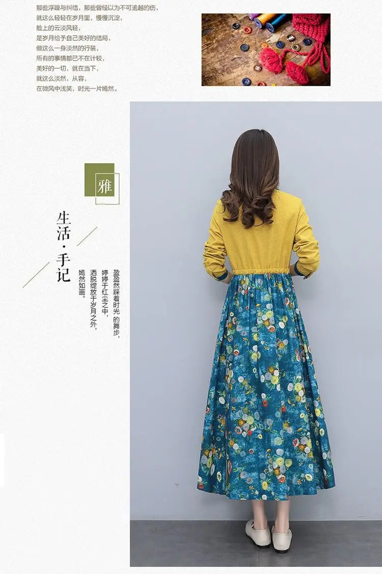 Women's Clothing Casual Printed Dresses Spring Autumn New Single-breasted Fashion Turn-down Collar Commute Drawstring Long Dress