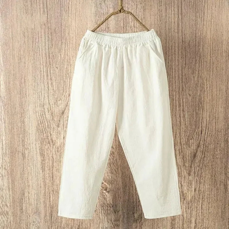 Women Summer Casual Loose Harem Elastic Waist Cotton Linen Pants Ninth Trousers
